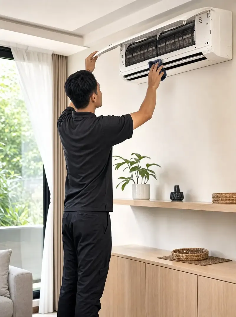 Teknisi Clean Your AC mencuci AC split di rumah pelanggan Tangerang